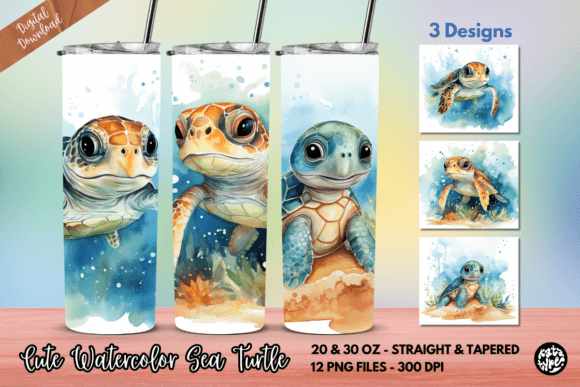 Cute Watercolor Sea Turtle Tumbler Wrap Graphics & Print