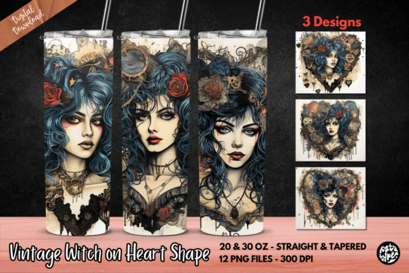 Vintage Witch on Heart Tumbler Graphics & Print Templates