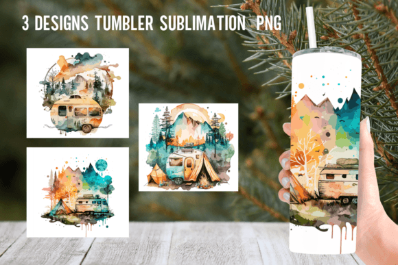 Watercolor Camping Tumbler Wrap Graphics for Crafts